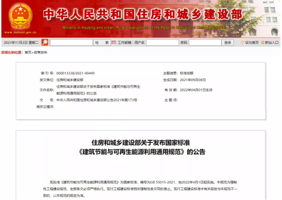 住建部：建筑碳排放計算作為強制要求，2022年4月1日起實施